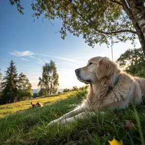 Golden retriever relaxing on a sunny grassy field.